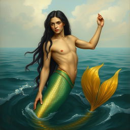 An artwork inspired by the style of 'The Birth of Venus' by Adolph Hirémy-Hirschl, featuring a young merman with golden skin and long black hair