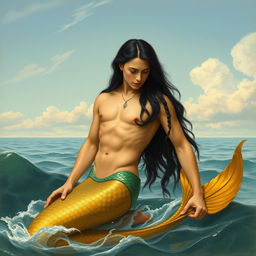 An artwork inspired by the style of 'The Birth of Venus' by Adolph Hirémy-Hirschl, featuring a young merman with golden skin and long black hair