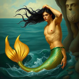 An artwork inspired by the style of 'The Birth of Venus' by Adolph Hirémy-Hirschl, featuring a young merman with golden skin and long black hair