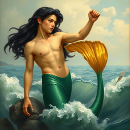 An artwork inspired by the style of 'The Birth of Venus' by Adolph Hirémy-Hirschl, featuring a young merman with golden skin and long black hair