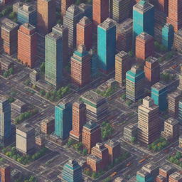 Create a vibrant, multicolored cityscape in the style of pixel art. The city should be teeming with life, featuring detailed buildings, streets, and city life.