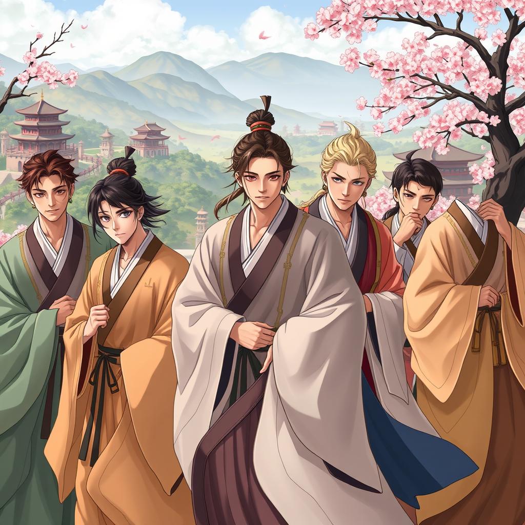 A group of young men inspired by characters from Eastern novels, dressed in traditional attire such as flowing robes and intricate accessories