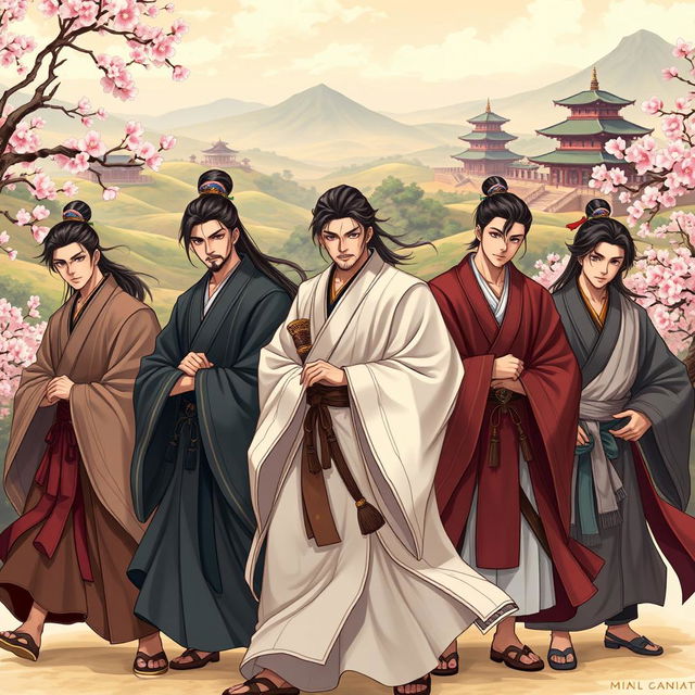 A group of young men inspired by characters from Eastern novels, dressed in traditional attire such as flowing robes and intricate accessories