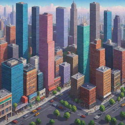 Create a vibrant, multicolored cityscape in the style of pixel art. The city should be teeming with life, featuring detailed buildings, streets, and city life.