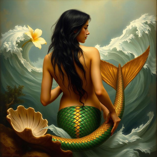 A reinterpretation of 'The Birth of Venus' by Adolph Hirémy-Hirschl, featuring a youthful Triton with golden skin and long black hair, turned away from the viewer