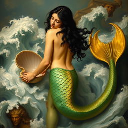 A reinterpretation of 'The Birth of Venus' by Adolph Hirémy-Hirschl, featuring a youthful Triton with golden skin and long black hair, turned away from the viewer