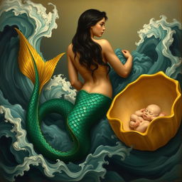 A reinterpretation of 'The Birth of Venus' by Adolph Hirémy-Hirschl, featuring a youthful Triton with golden skin and long black hair, turned away from the viewer