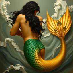 A reinterpretation of 'The Birth of Venus' by Adolph Hirémy-Hirschl, featuring a youthful Triton with golden skin and long black hair, turned away from the viewer