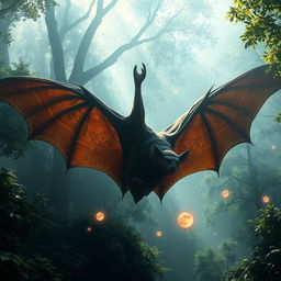 A giant mounted bat soaring through a misty, enchanted forest