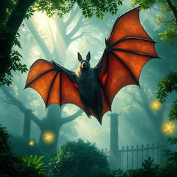 A giant mounted bat soaring through a misty, enchanted forest