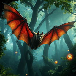 A giant mounted bat soaring through a misty, enchanted forest