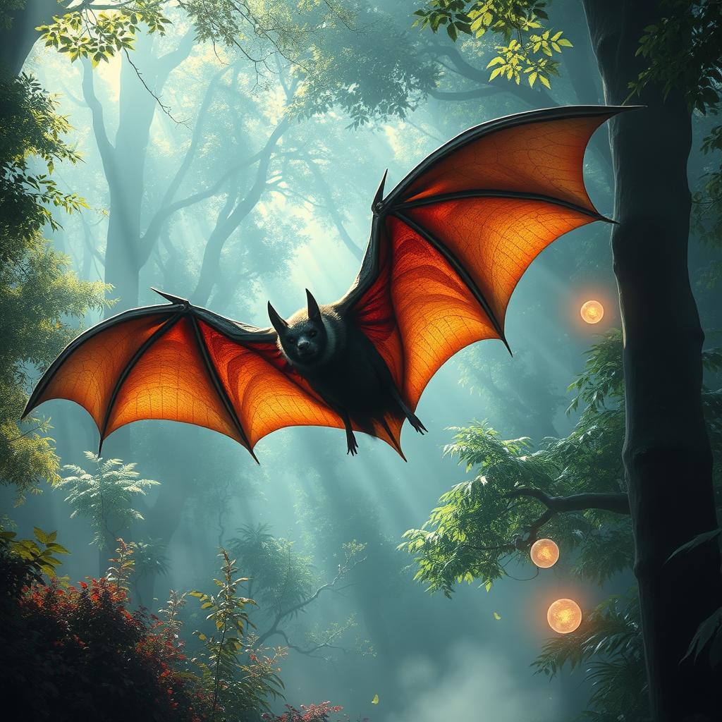 A giant mounted bat soaring through a misty, enchanted forest