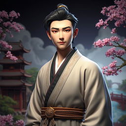 A striking 3D rendering of a young man inspired by characters from Eastern novels