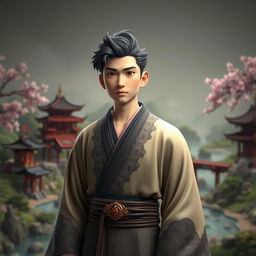 A striking 3D rendering of a young man inspired by characters from Eastern novels