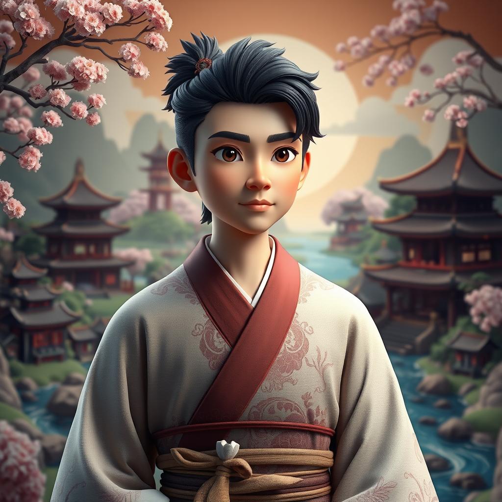 A striking 3D rendering of a young man inspired by characters from Eastern novels