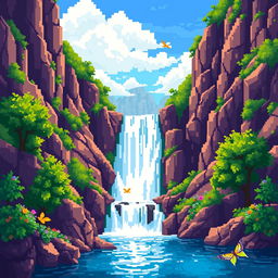 A vibrant pixel art depiction of a beautiful waterfall cascading down rocky mountains, surrounded by lush green trees and colorful flowers