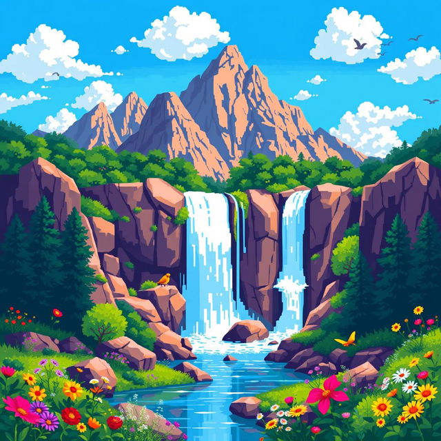 A vibrant pixel art depiction of a beautiful waterfall cascading down rocky mountains, surrounded by lush green trees and colorful flowers