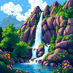 A vibrant pixel art depiction of a beautiful waterfall cascading down rocky mountains, surrounded by lush green trees and colorful flowers