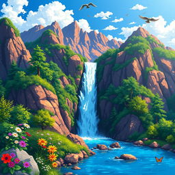 A vibrant pixel art depiction of a beautiful waterfall cascading down rocky mountains, surrounded by lush green trees and colorful flowers