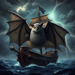 A giant bat perched on a pirate ship, showcasing its massive wingspan and intricate details of its fur