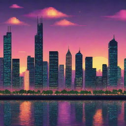 Design a pixel art cityscape with dazzling lights, towering skyscrapers, bustling streets, and a vibrant sunset sky as the backdrop.