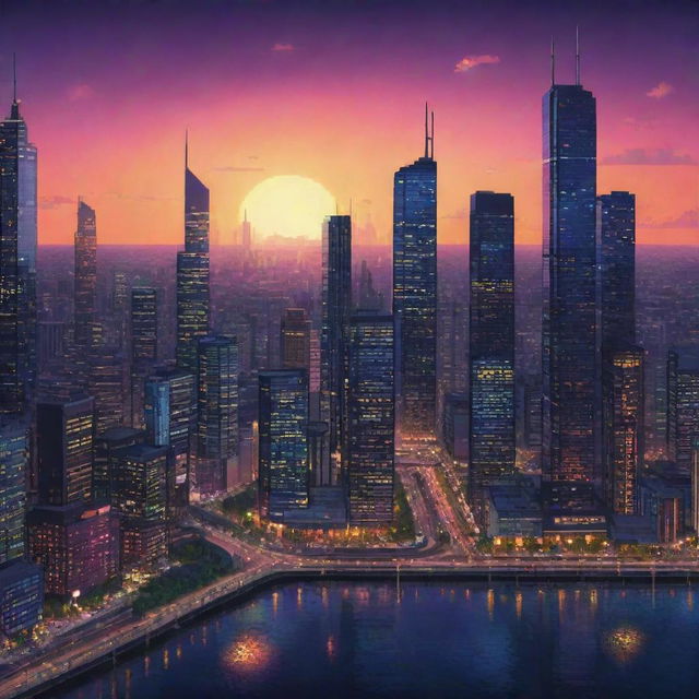 Design a pixel art cityscape with dazzling lights, towering skyscrapers, bustling streets, and a vibrant sunset sky as the backdrop.