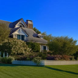 A welcoming, serene, and beautiful house with a lush green yard and a white picket fence, set against a backdrop of azure sky