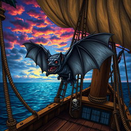 A detailed illustration of a bat perched on the mast of a pirate ship, featuring intricate details on the ship's sails and wood grain