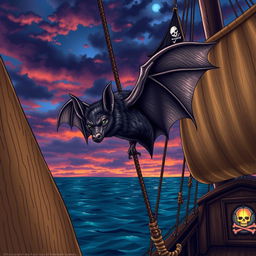 A detailed illustration of a bat perched on the mast of a pirate ship, featuring intricate details on the ship's sails and wood grain