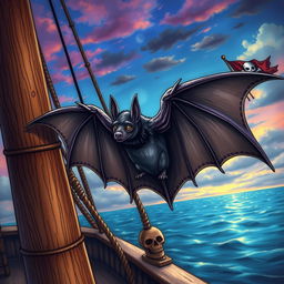 A detailed illustration of a bat perched on the mast of a pirate ship, featuring intricate details on the ship's sails and wood grain