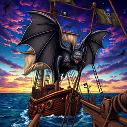 A detailed illustration of a bat perched on the mast of a pirate ship, featuring intricate details on the ship's sails and wood grain