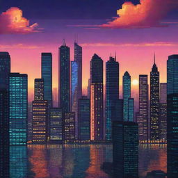 Design a pixel art cityscape with dazzling lights, towering skyscrapers, bustling streets, and a vibrant sunset sky as the backdrop.