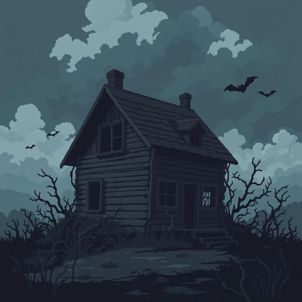 A pixel art illustration of a gloomy, abandoned house set against a dark, stormy sky