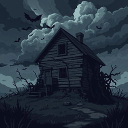 A pixel art illustration of a gloomy, abandoned house set against a dark, stormy sky