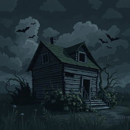 A pixel art illustration of a gloomy, abandoned house set against a dark, stormy sky