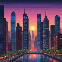 Design a pixel art cityscape with dazzling lights, towering skyscrapers, bustling streets, and a vibrant sunset sky as the backdrop.