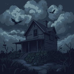 A pixel art illustration of a gloomy, abandoned house set against a dark, stormy sky