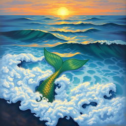 An academic-style painting depicting a serene scene at sunset, with foamy waves of the sea