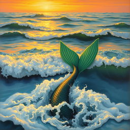 An academic-style painting depicting a serene scene at sunset, with foamy waves of the sea