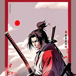 Anime art of a samurai gazing into the distance, framed by a red ink border.