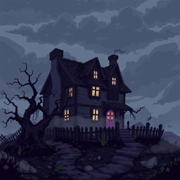 A pixel art illustration of a gloomy, haunted house shrouded in mist