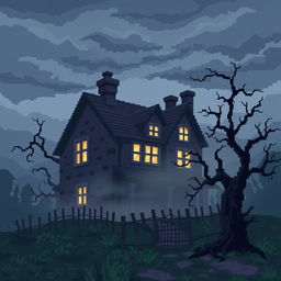 A pixel art illustration of a gloomy, haunted house shrouded in mist