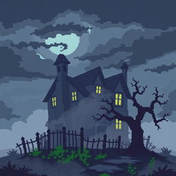 A pixel art illustration of a gloomy, haunted house shrouded in mist