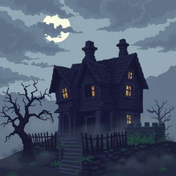 A pixel art illustration of a gloomy, haunted house shrouded in mist