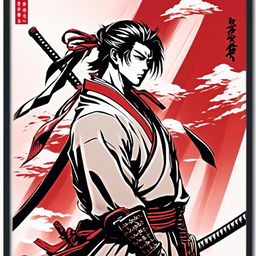 Anime art of a samurai gazing into the distance, framed by a red ink border.