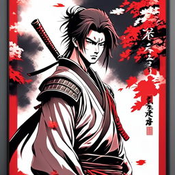 Anime art of a samurai gazing into the distance, framed by a red ink border.