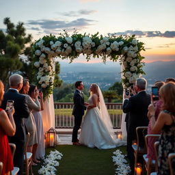 A beautiful wedding scene in a serene outdoor setting, featuring a romantic altar adorned with white flowers, lush greenery, and soft lighting