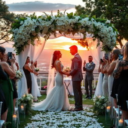 A beautiful wedding scene in a serene outdoor setting, featuring a romantic altar adorned with white flowers, lush greenery, and soft lighting