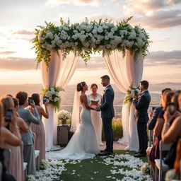 A beautiful wedding scene in a serene outdoor setting, featuring a romantic altar adorned with white flowers, lush greenery, and soft lighting