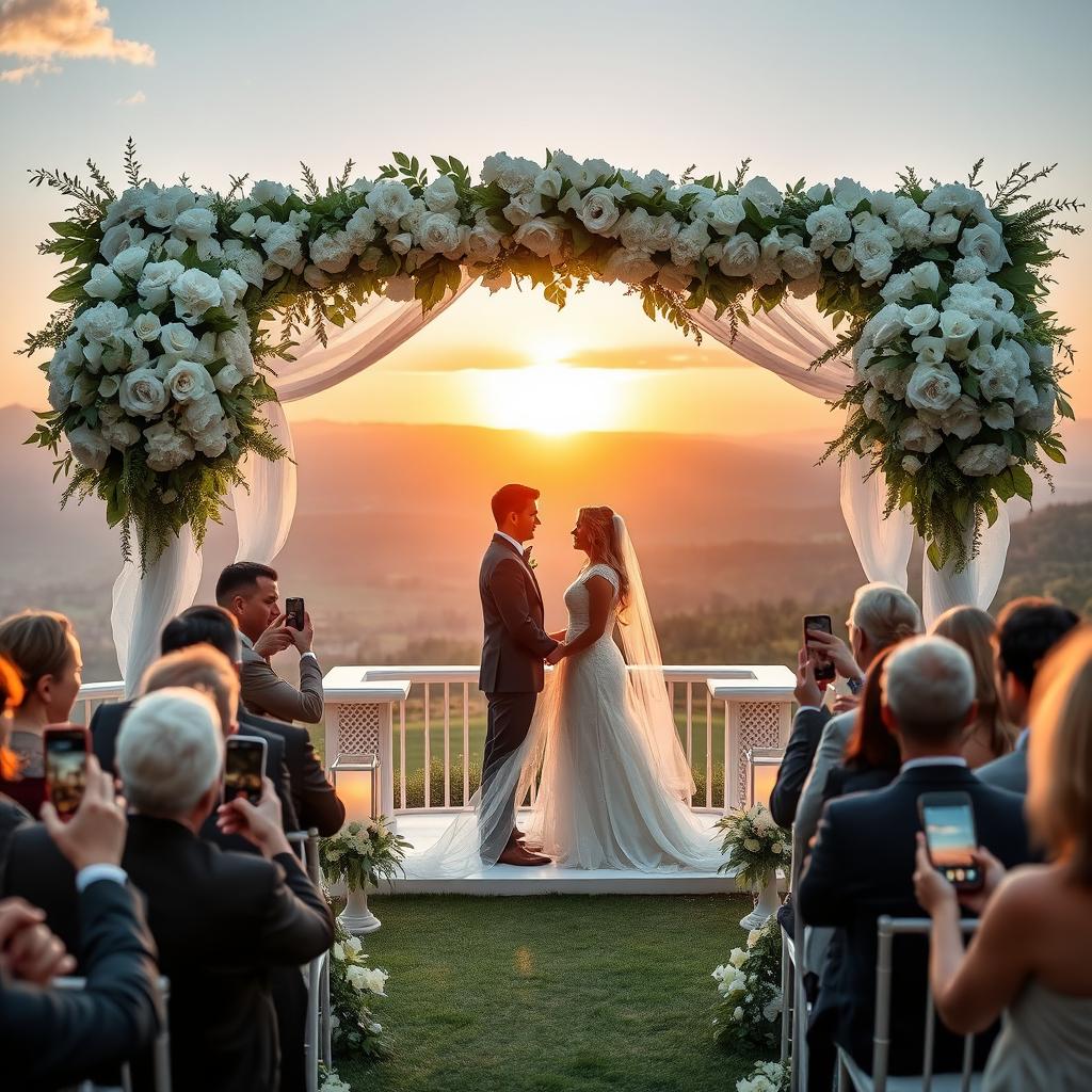 A beautiful wedding scene in a serene outdoor setting, featuring a romantic altar adorned with white flowers, lush greenery, and soft lighting